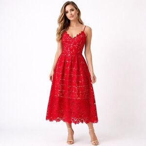 Red Lace Midi Dress Adjustable Strappy Floral Cutout Fit & Flare Romantic